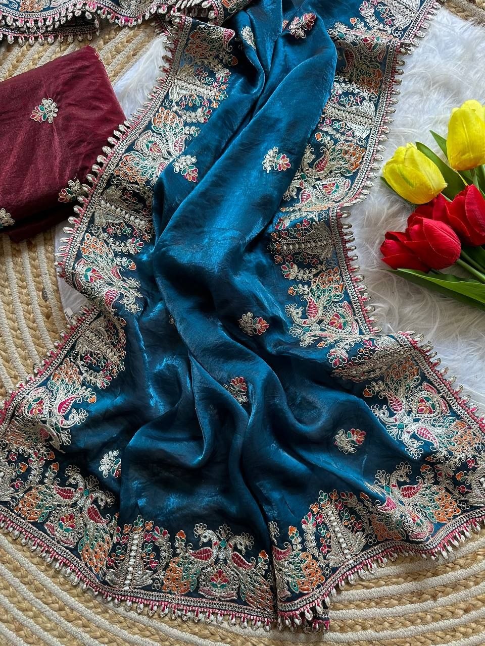 Premium Fandy Satin Silk Saree with Floral Embroidery, Tassels & Stitched Contrast Blouse Peacock Blue 01-2
