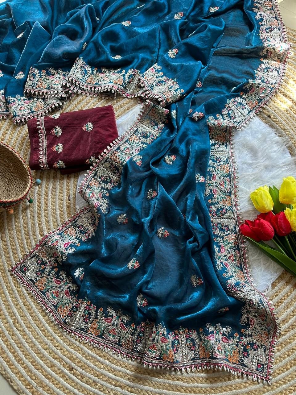 Premium Fandy Satin Silk Saree with Floral Embroidery, Tassels & Stitched Contrast Blouse Peacock Blue 01-3