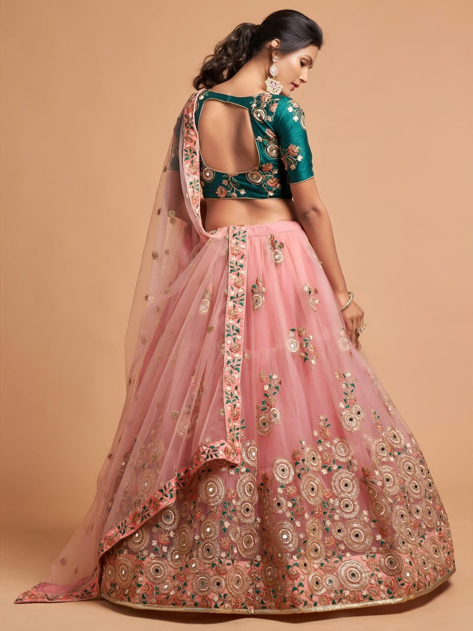 Designer Peach Pink & Royal Green Lehenga Choli 01-2