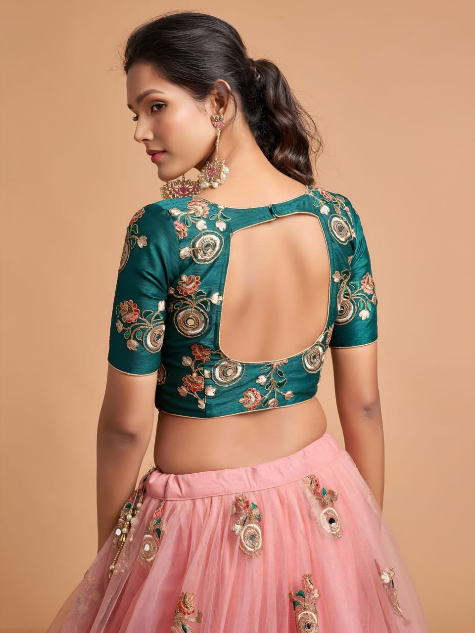 Designer Peach Pink & Royal Green Lehenga Choli 01-4